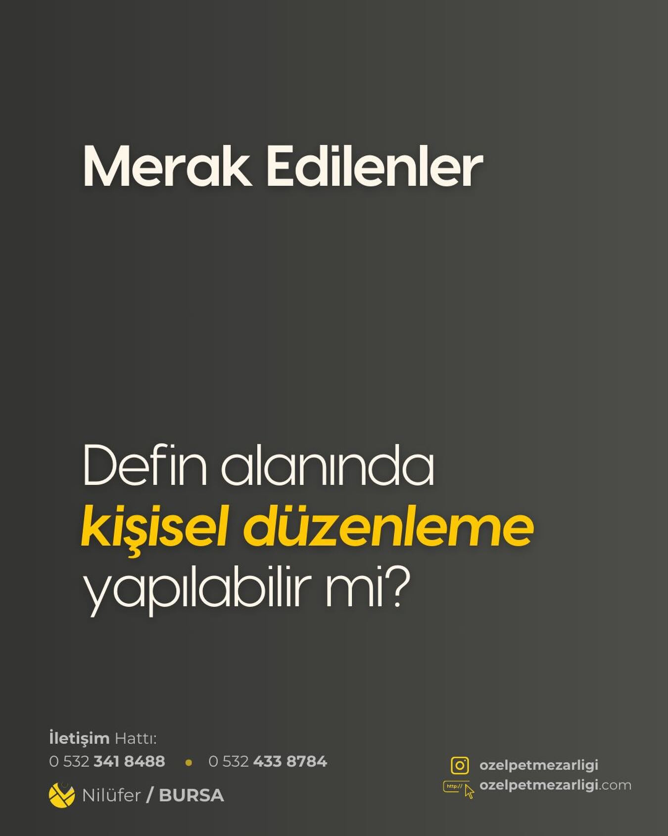 En çok merak edilen konulardan biri de dostunuzun istirahatgahını nasıl güzelleştirebileceğiniz...

Evet, biz her detayı sizin yerinize düşündük; ancak sizin dokunuşlarınızın o bağı ölümsüz kıldığını biliyoruz. Belirlenen standartlar dahilinde, dostunuzun hatırasına yakışır çiçeklendirme ve çevre düzenlemelerini dilediğiniz gibi yapabilirsiniz. 

#bursapetmezarlığı #petmezarlıgı #petmezarlığı #bursa #bursahayvanmezarligi veteriner bursaveteriner kedi köpek